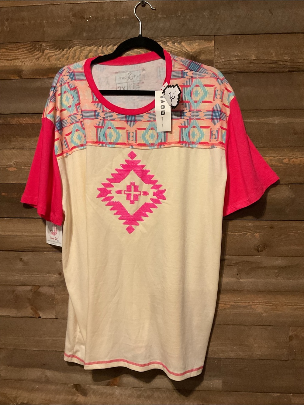 Two Fly Cream And Hot Pink Shirt Colorful Aztec Diamond On Front Size 2X NWT